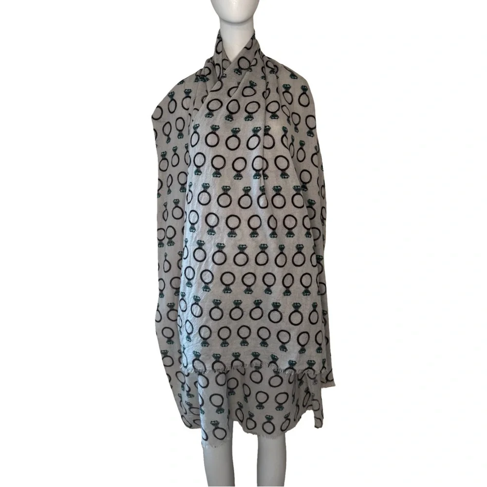 YARNZ Diamond Ring Pattern Cashmere Wool Oversized Scarf Wrap Grey Teal Brown